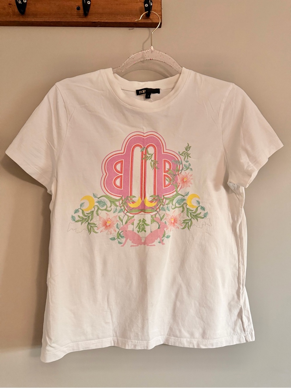 Maje White Tee with Pink Floral Crest and Pastel Accents
